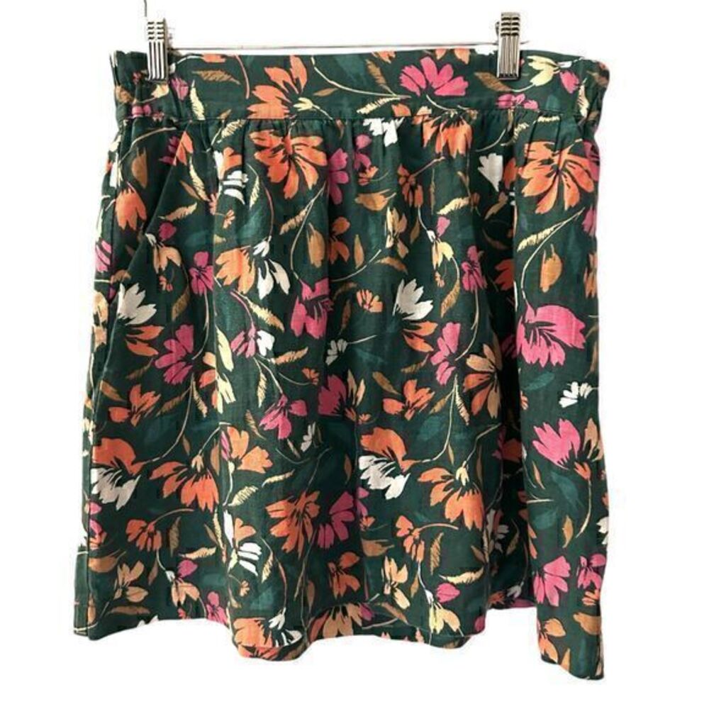 Loft Outlet Floral Green Orange Linen Elastic Waist Mini Skirt Pockets Size‎ M